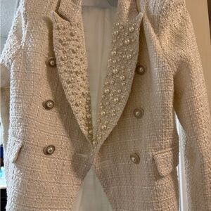Elegant Cream Tweed Blazer with Pearl Accents + Matching Shorts & Blouse